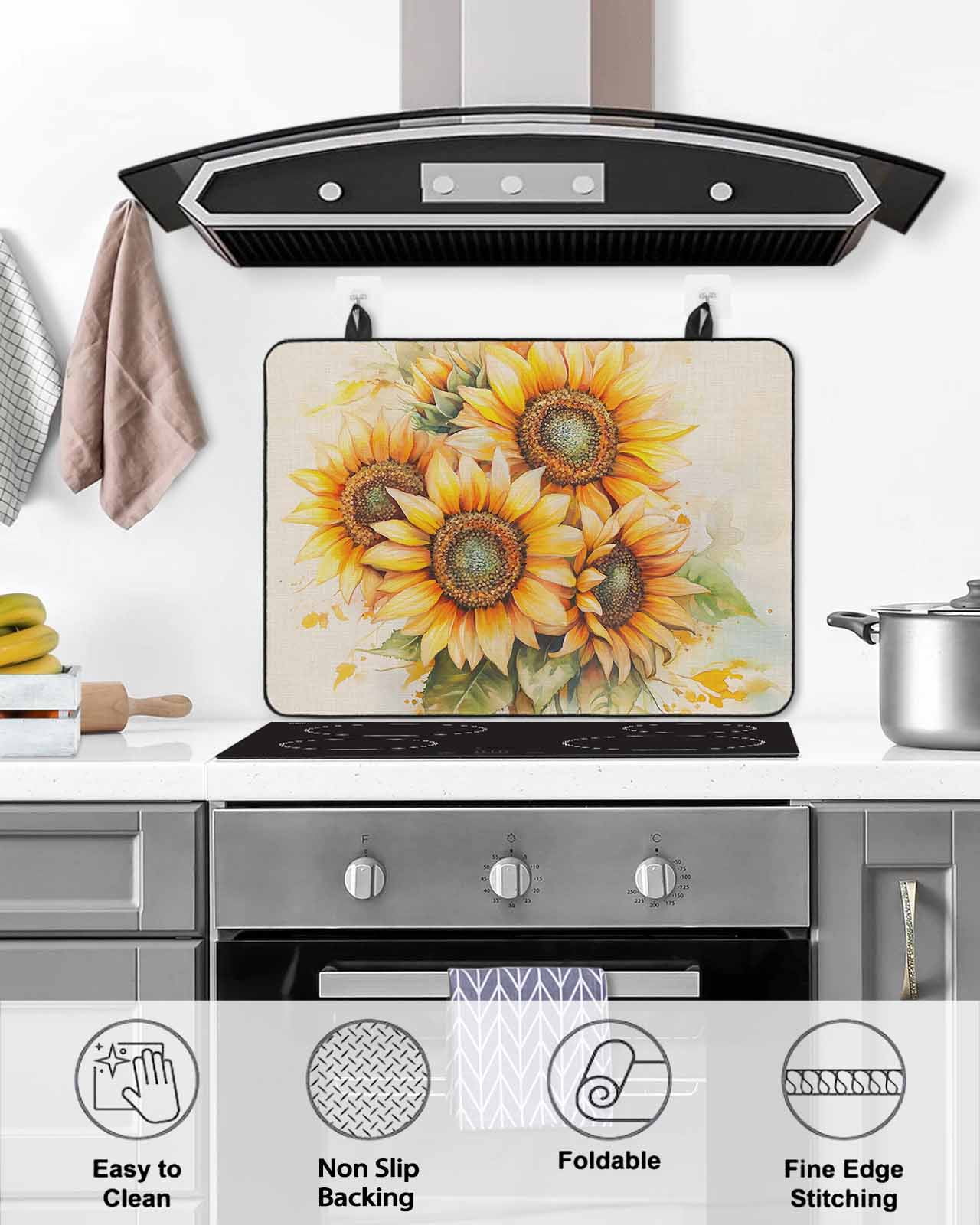 nqOlkjepod Large Induction Cooktop Protector Mat 24"x21", Sunflower Stove Top Covers for Electric Stove, Blooming Spring Floral Summer Leaf Decorative Stove Burner Cover Mats, Glass Top Stove Cover