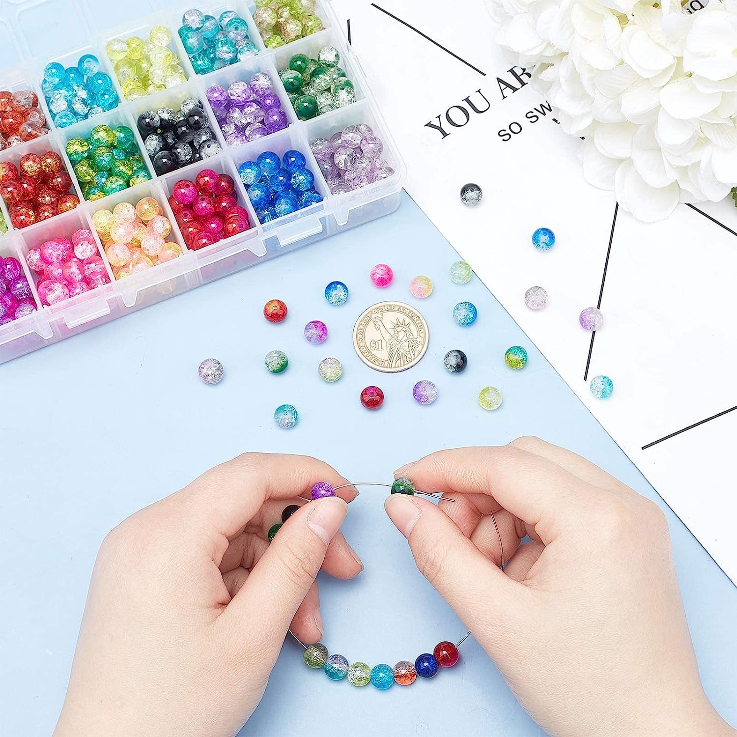 PH 8mm Glass Beads 630pcs 18 Colors Beads for Jewelry Making with Scissors Elastic Thread Beading Needles for Christmas Tree Decoration for DIY