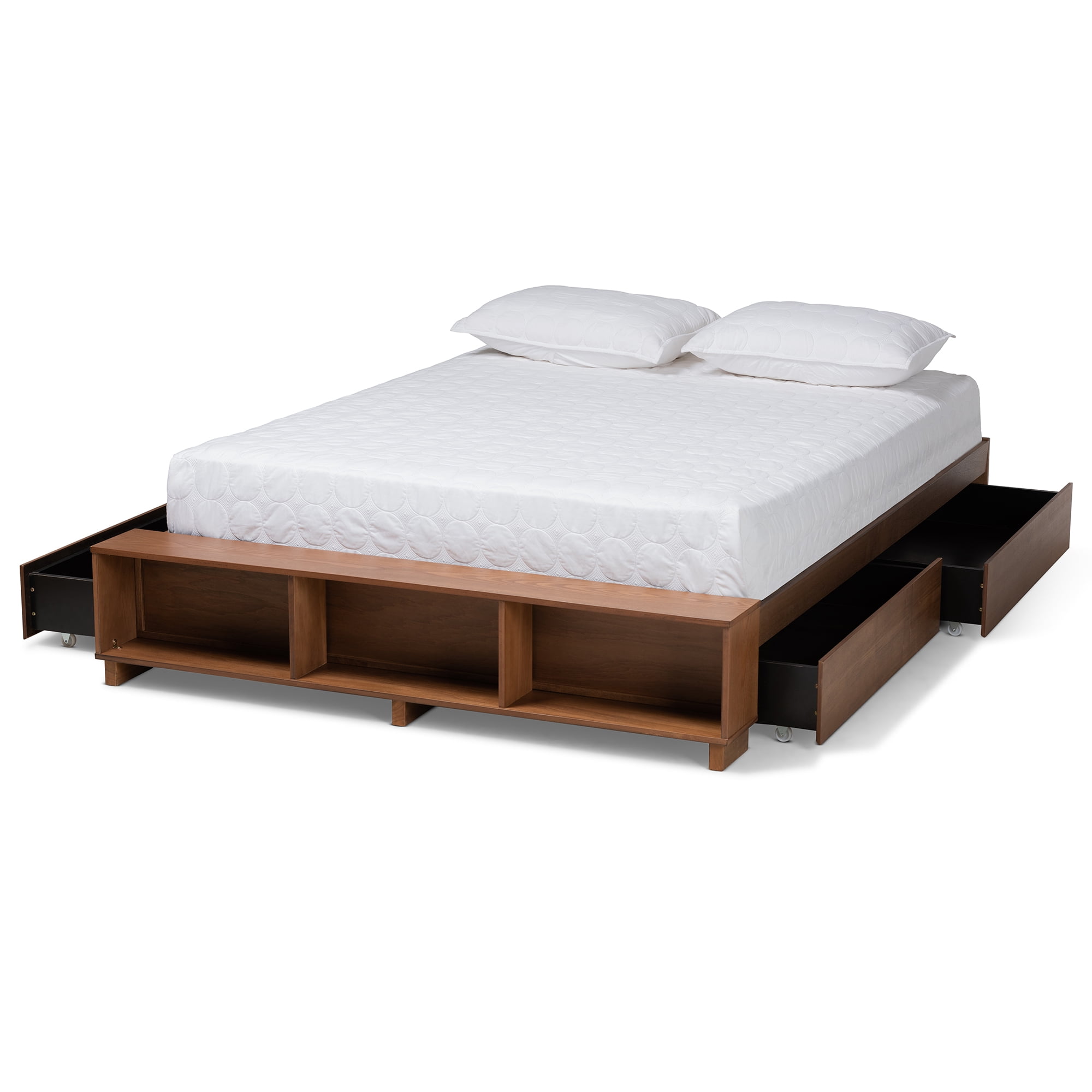 Baxton Studio Arthur Queen Size Modern Platform Bed with Shelves and Drawers, Ash Walnut Brown