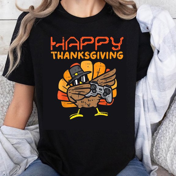 100% Cotton Happy Thanksgiving Turkey Gaming Shirt Funny Gamer Turkey T-Shirt for Men Women Kids Holiday Gift Turkey Day Apparel