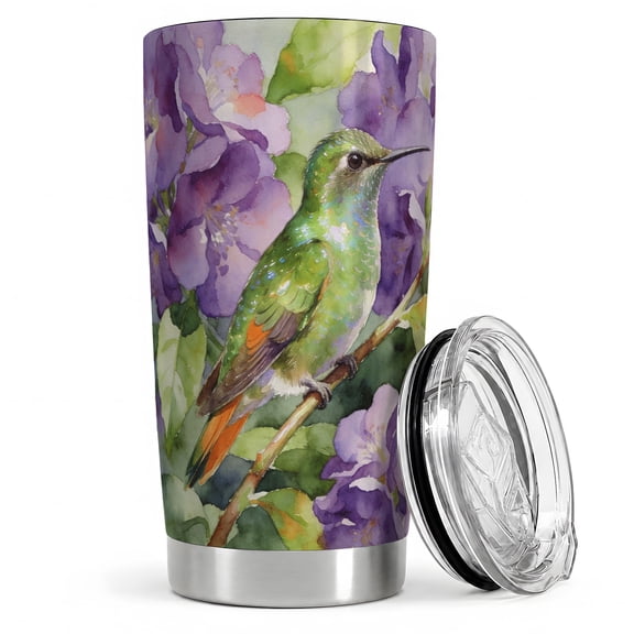 Hummingbird Purple Flowers 20oz Tumbler, Hummingbird Tumbler, Drinkware for Office Travel, Green Bird on Branch With Violet Blossoms, Watercolor Garden Nature Cup, Bird Lovers Women