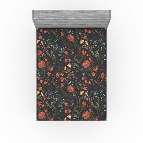 Ambesonne Floral Fitted Sheet, Flower Bird Leaf Pattern, California King, Dark Coral and Reseda Green