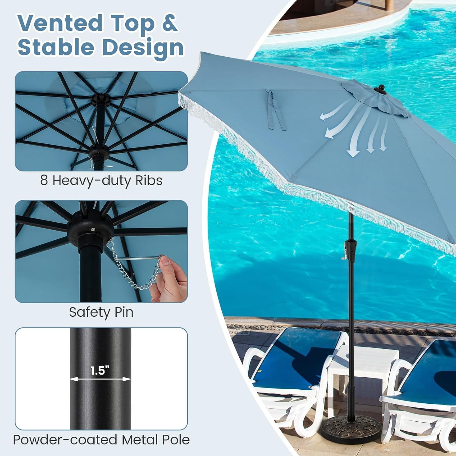 CRXX 9 FT Patio Umbrella with Fringe, Outdoor Tassel Umbrella with Push Button Tilt, Crank, 8 Ribs, Vented Top, Fade-resistant Canopy, Heavy-Duty Market Table Umbrella for Yard Garden Pool-Blue