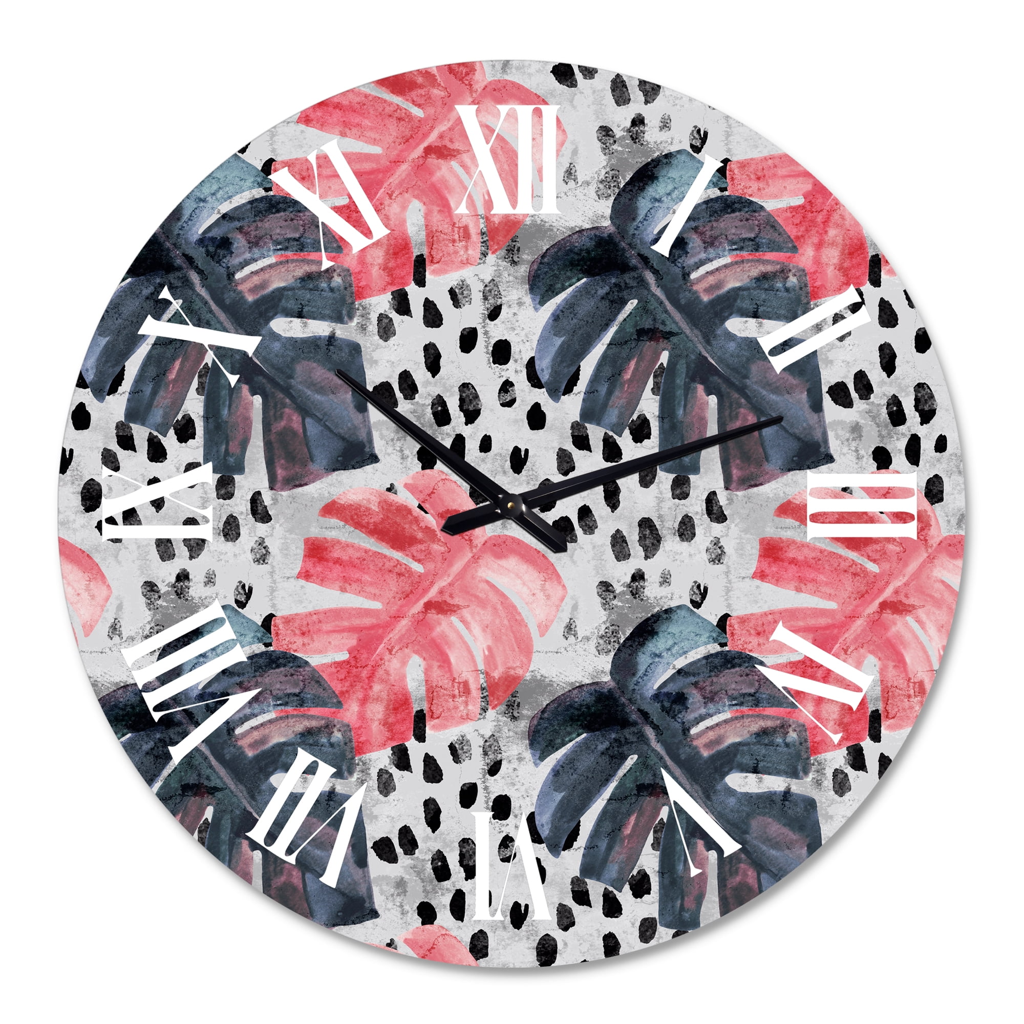 Designart 'Colored Monstera On Rough Brush Strokes I' Tropical Wall Clock