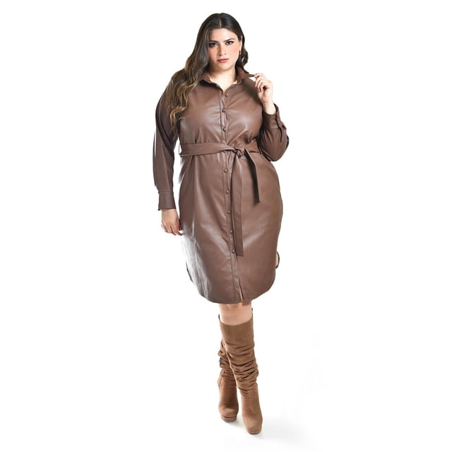 Vestido camisero de piel sintetica Roman Fashion /Tallas Extras, 104 (Cafe) cafe 38