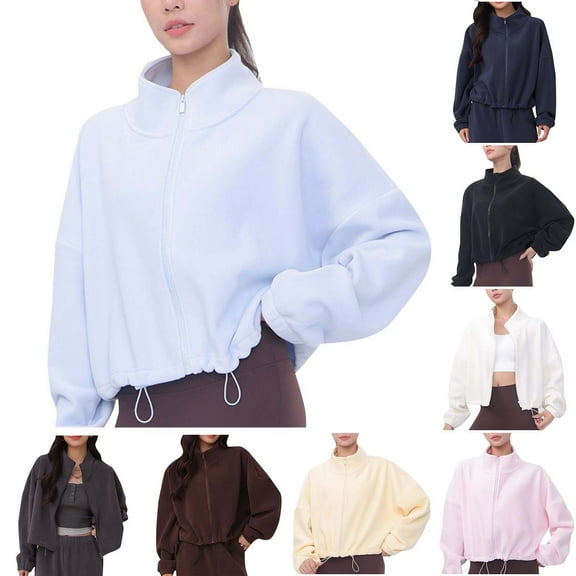 Womens Cropped Fleece Jackets Zip Up Stand Collar Oversized Sweatshirts Long Sleeve Sherpa Crop Coat Outerwear Fashion Fall Outfits