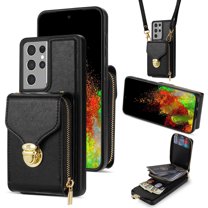 Feishell Crossbody Wallet Case for Samsung Galaxy S21 Ultra,with Detachable Shoulder Strap,Premium PU Leather Metal Snap Zipper Pocket Credit Card Holder Kickstand Phone Case for Women Men,Black