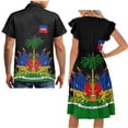 thumbnail image 5 of Garronmavis Haiti State Flags Matching Couple Outfits Men's Short Sleeve Shirt Summer Light Work Hawaiian Tops and Women's V-neck Dress Ruffle Sleeve Beach Party Sundress, 5 of 7