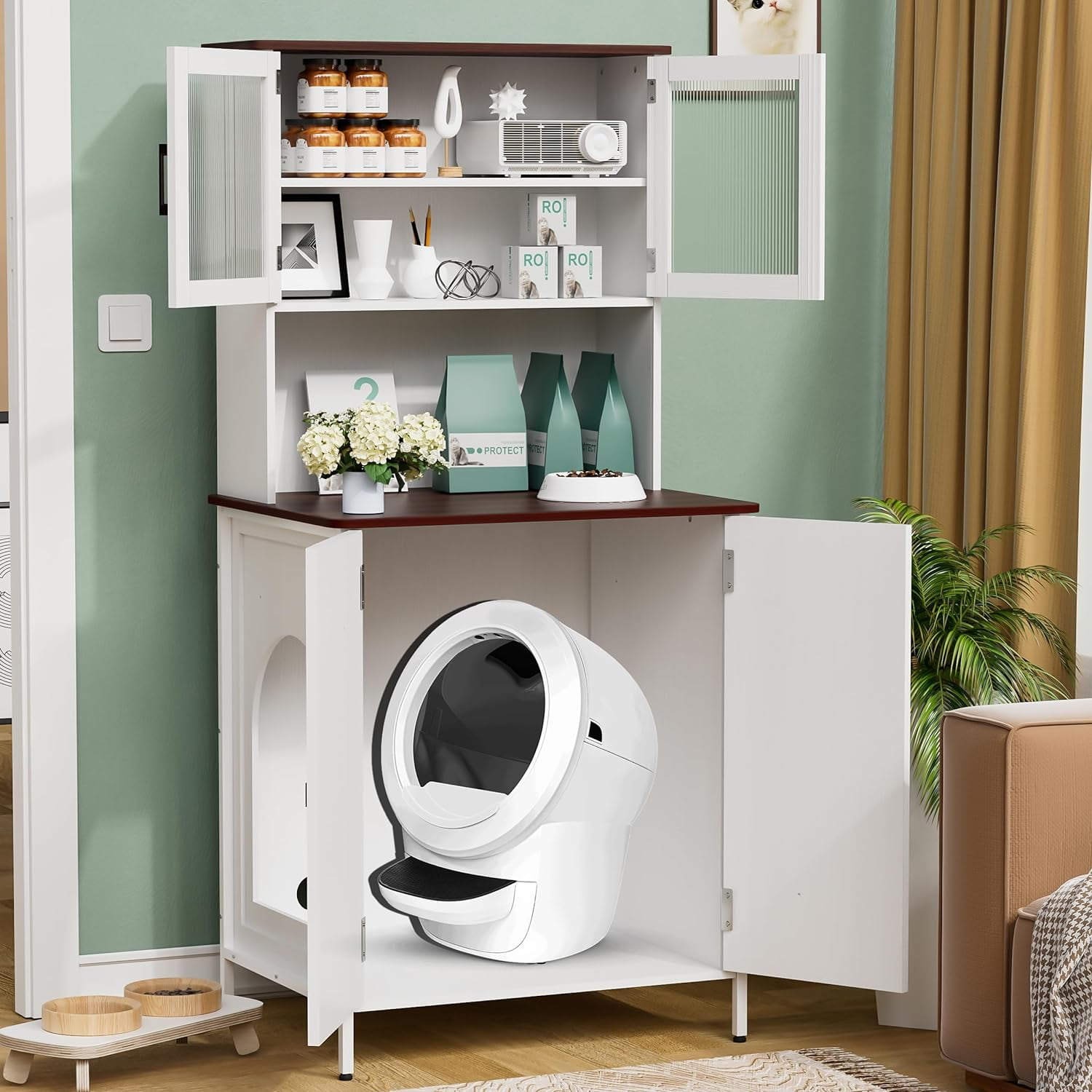 PAKASEPT Cat Litter Box Enclosure Furniture for Self-Cleaning Cat Litter Box, Litter Box Furniture with Shelves and Doors for Large Smart Litter Box