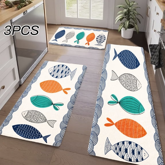 3PCS Kitchen Rugs, Welcome Door Mat set, Home Decoration for Front Door, Kitchen, Bathroom, Colorful Fish Pattern On White Background With Blue Orange And Accents Dining Mat, Great Gift for Woman.
