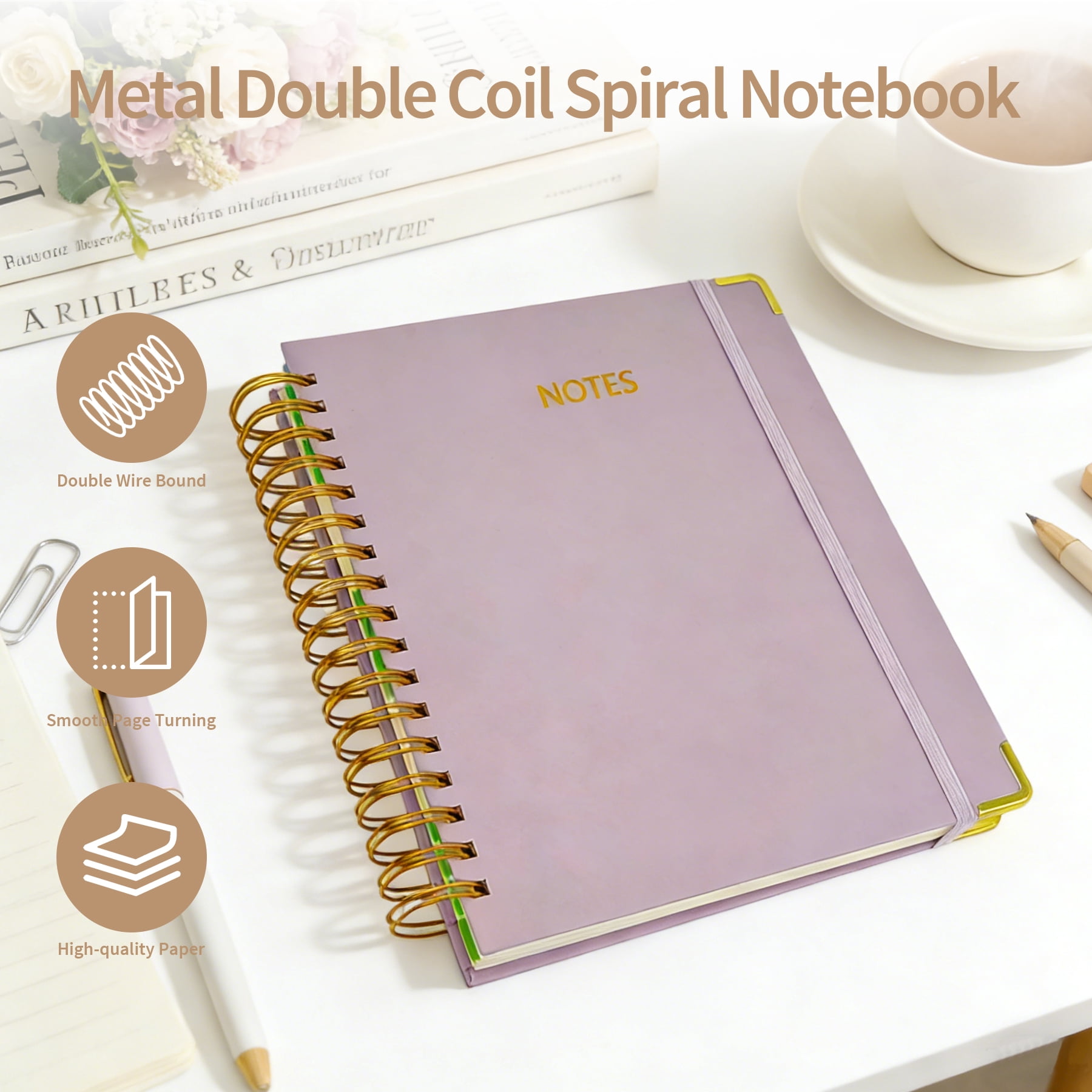 1Pack Hardcover Spiral Notebook with Tab, Ruler &  Removable Dividers, 300 Pages 8"x10" Large B5 Faux Leather Notebooks, 5 Subject Notebook College Ruled for Work, Home (Purple)