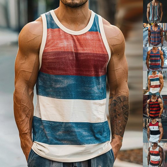 Mens Workout Tank Tops Beach Summer Sleeveless Shirts Men's Striped Tank Top Casual Summer Beach Tee Tops Sleeveless Crew Neck T Shirts Color Block Tees Black L