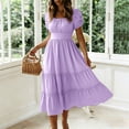 thumbnail image 2 of PRINxy Women's Square Neck Puff Short Sleeve Tiered Midi Dress High Waist A Line Casual Dress for Summer Daily Wear Vacation Purple L, 2 of 6
