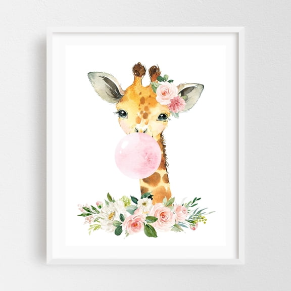 Giraffe, Jungle Animals, Safari Animals, Bubble Gum, Pink Flowers, Girl Nursery - Illustration Watercolor Animal Whimsical Floral White Framed Wall Art Print 11 x 14 inches