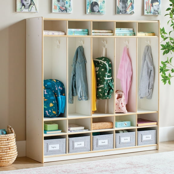 Guidecraft EdQ 5-Section Wooden Storage Locker for Classroom, Kids Cubby Organizer with Shelves and Hooks for Coats