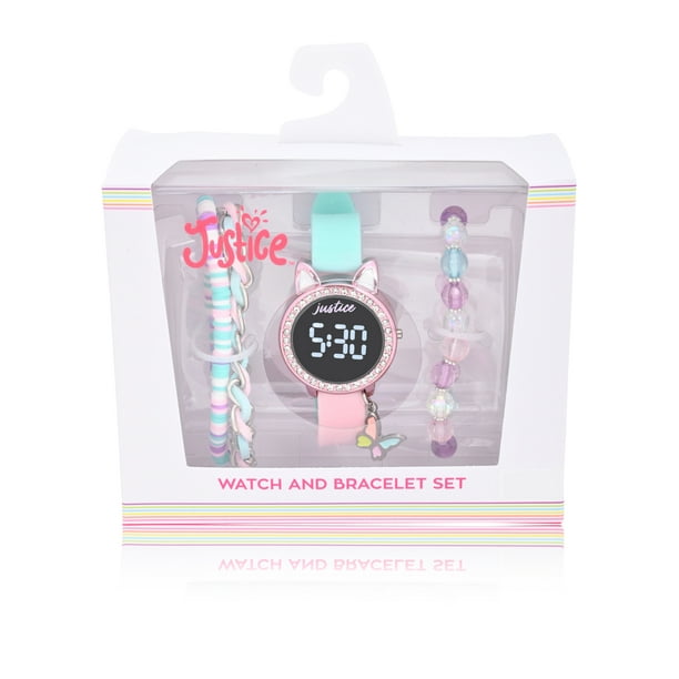 Justice 4pc Unisex Children's LED Watch Set with Hanging Charms and Bracelet in MultiPastel