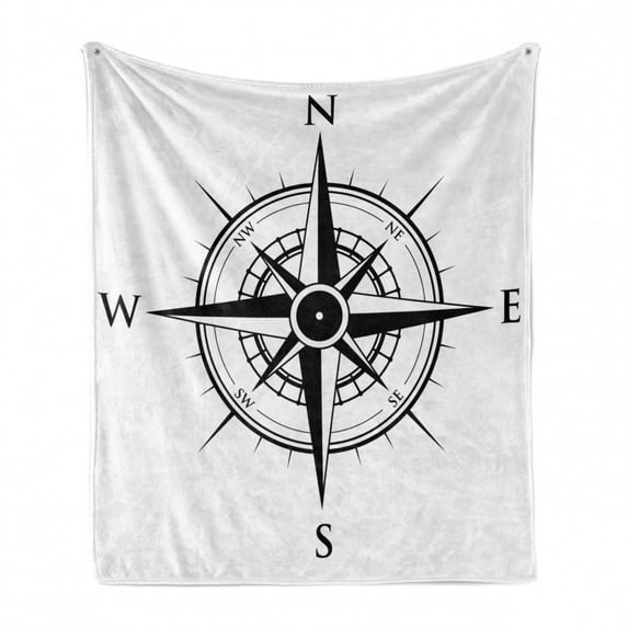 Compass Soft Flannel Fleece Blanket, Prehistoric Navigation Technology on the Sea Discovery of the World Travel Voyage, Cozy Plush for Indoor and Outdoor Use, 70" x 90", Black White, by Ambesonne