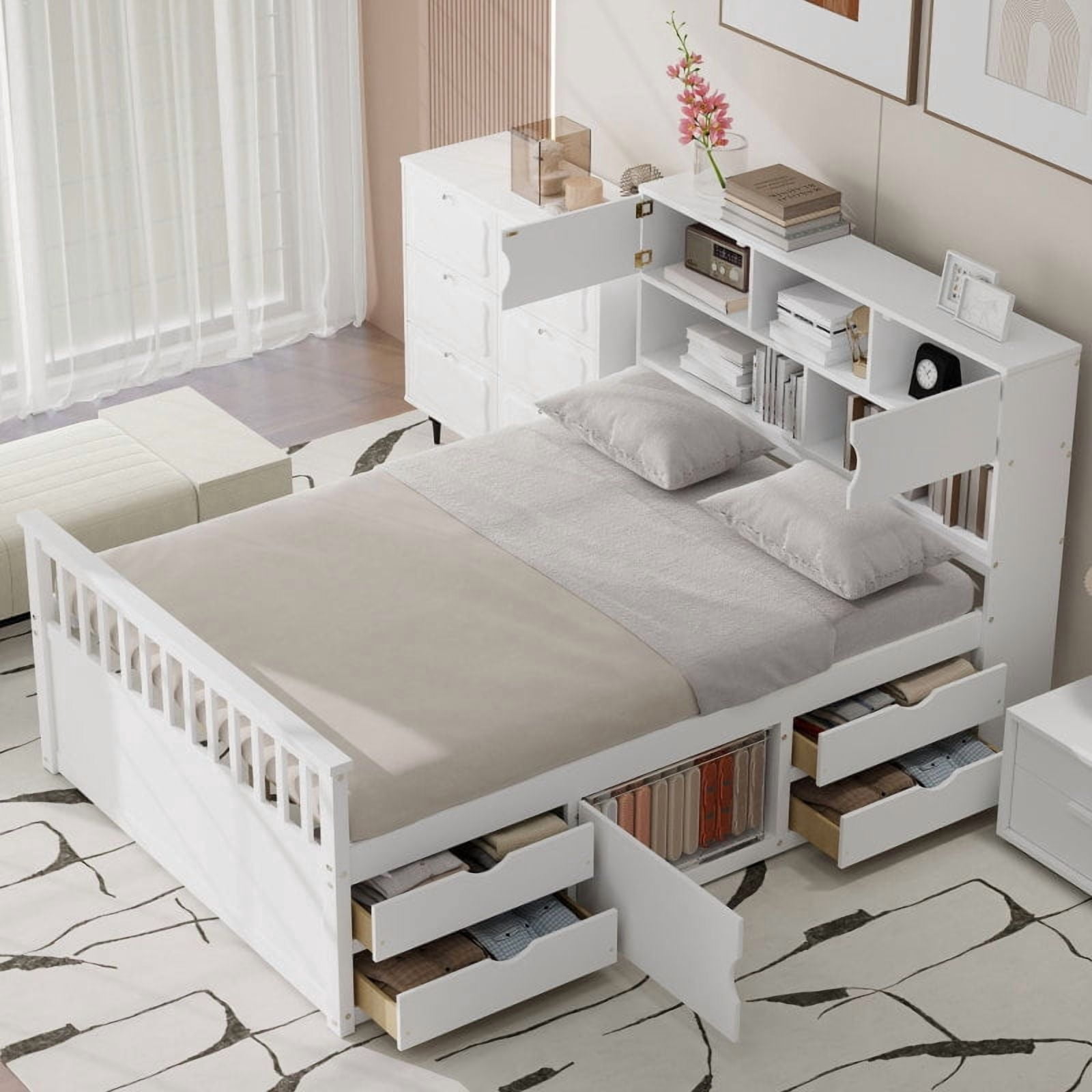[Luckynote]Full Size Captain Platform Bed Frame with Storage Bookcases and Shelves,Four Drawers,White