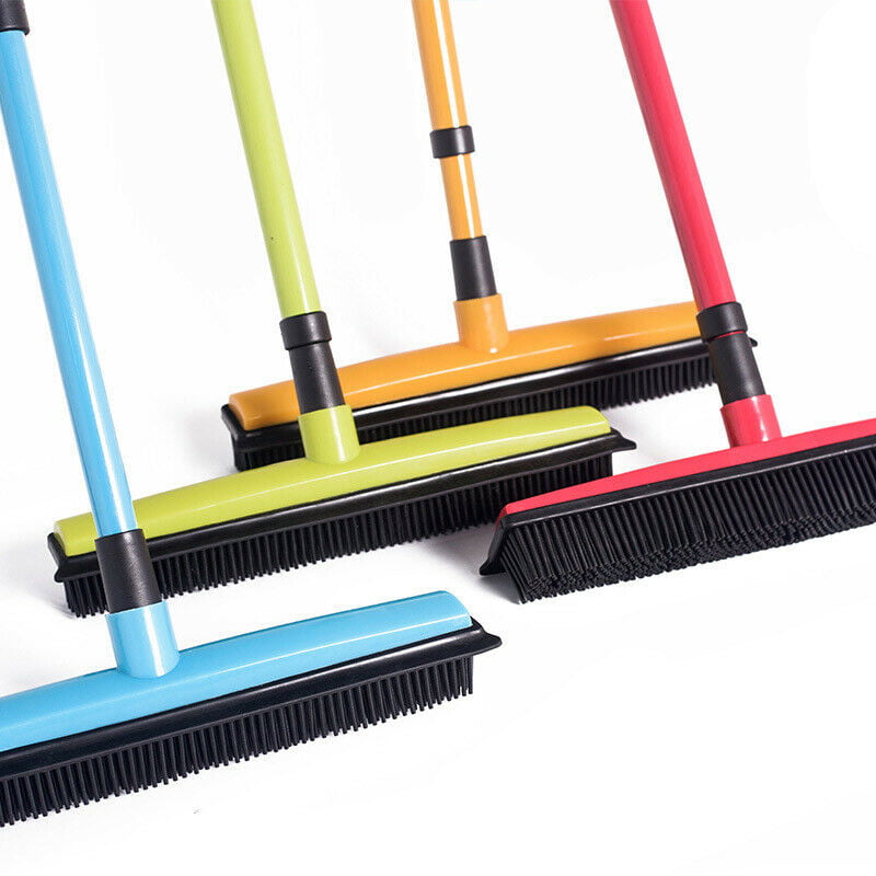 Long Push Broom Rubber Bristles Squeegee Edge Handle Sweeper Cat Dog Hair Clean 