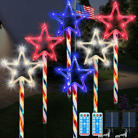 

12 Pack LED Red White Blue Big Star Solar Pathway Lights Outdoor - 4th of July Decorations Outdoor Patriotic Lights for Memorial Day Independence Day - 8 Mode Remote Control Solar Powered (2 Pack 18