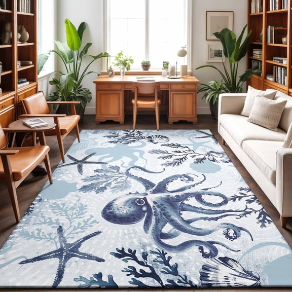 Large Area Rugs 9'x12', Navy Blue Octopus Nautical Carpet Runner Indoor Outdoor Rugs Home Decor Aesthetic, Coastal Summer Ocean Coral Shell Non Slip Mats Washable Accent Rug for Living Room Bedroom