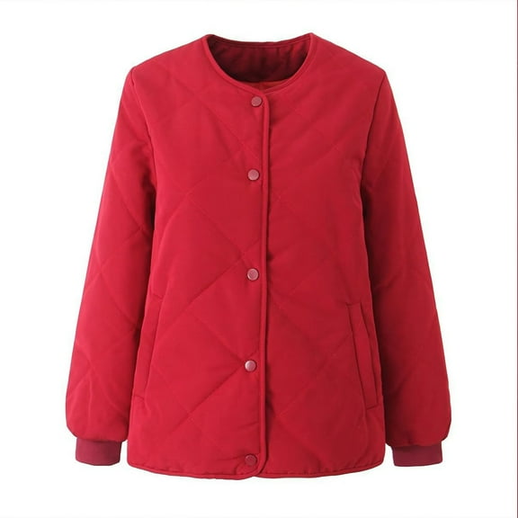 2023 Charella Winter Coats for Women Thickened Button down Collarless Warm Quilted Jackets Red,XL