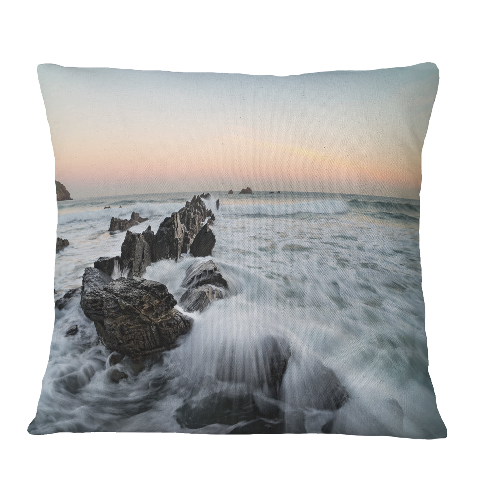 Designart Bay of Biscay White Waves Hitting Beach - Seashore Throw Pillow - 18x18
