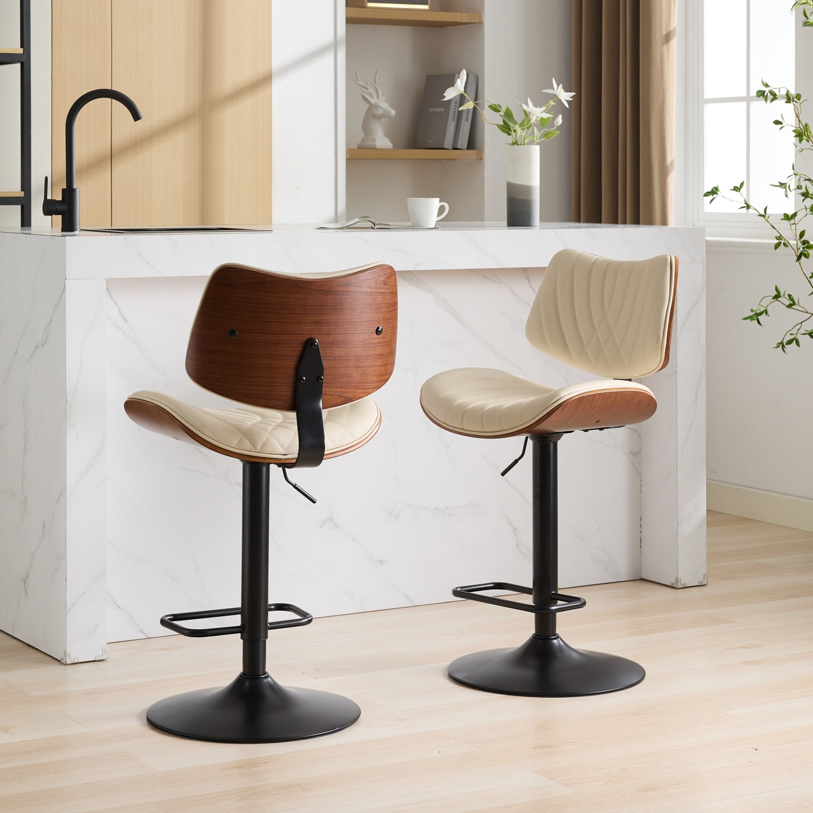 MAYEERTY Walnut Bentwood Bar Stools - Mid-Century Modern, Adjustable Height, Beige Leather, 360掳 Swivel, 1 Chair/Carton, Beige