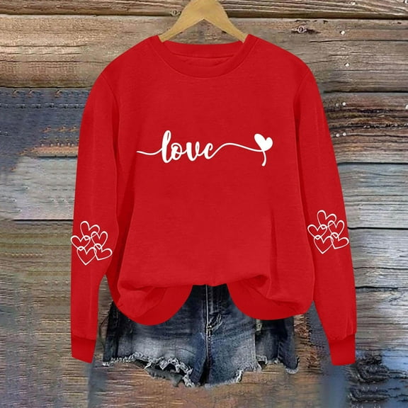 Itsame Women Long Sleeve T-Shirts Valentine's Sweatshirt Loose Crew Neck Tops Red Size L