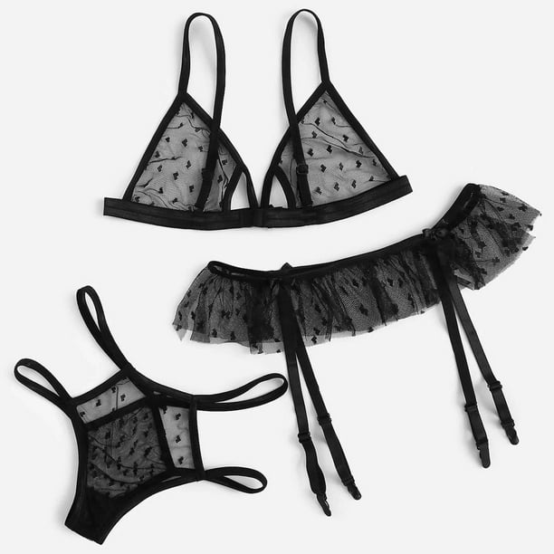 Aligament New Women Plus Size Lace Lingerie Bra+Thong+Garter Underwear Set  Black Sleepwear 