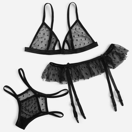 

Shpwfbe Underwear Women New Plus Size Lace Bra+Thong+Garter Set Black Sleepwear Valentines Day Gifts Lingerie For Women