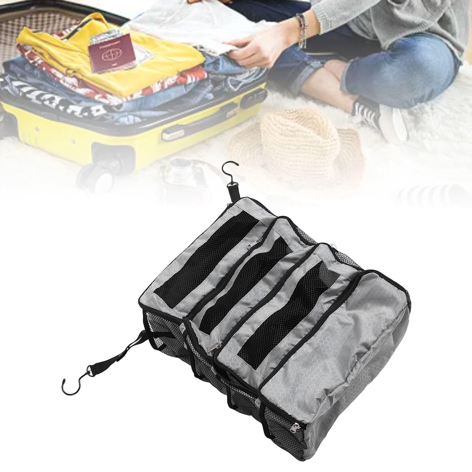 LAZIOEGR Foldable Travel Suitcase Organizer – 4‑Compartment Hanging Packing Cube with Mesh Pockets, Gray