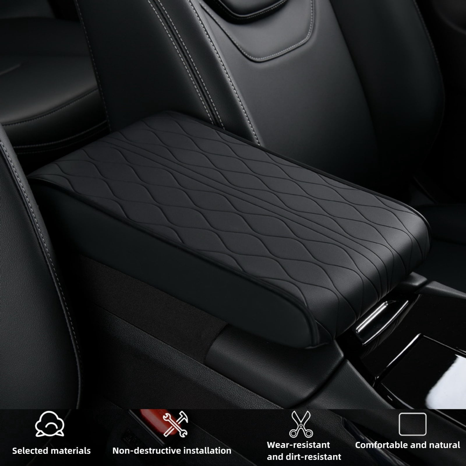 ST SoleMe.Tc Black Leather Center Console Pad Car Armrest Cushion- Car Arm Rest Covering Vehicle Memory Foam Armrest Box Cover for Car Suv Truck, Water Ripple Style, (L)