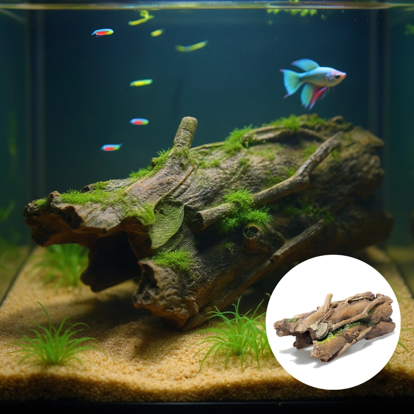 Large Aquarium Decorations, Natural Fish Hideout Hollow Tree Trunk, Realistic Bark Texture, Reptile Tank Habitat Ornament with Simulated Moss, for Aquariums, Terrariums