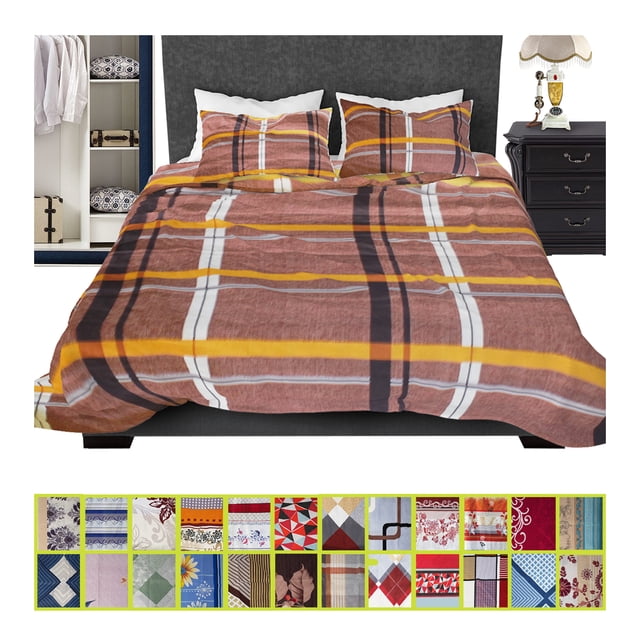 juego de sabanas king size microfibra amplias con diseño nubisuave estampado King size en color naranja ladrillo con estampado a cuadros y líneas blancas y amarillas; vista frontal centrada de la cama con sábana ajustable colocada, dos fundas a juego y cabecera oscura. Incluye sábana plana 257×241 cm, ajustable 195×205+28 cm y 2 fundas 48×93 cm; apto para colchones hasta 28 cm. Ideal para renovar el coordinado de dormitorio.