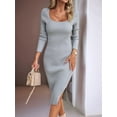 thumbnail image 4 of Women 2025 Summer Ribbed Short Sleeve Bodycon Maxi Dress Side Slit Knit Square Neck Long Sundress Grey L, 4 of 7