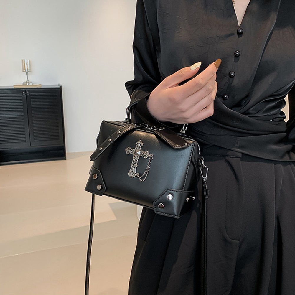 Hzzsbu Gothic Skull Shoulder Bag - Punk Studded Crossbody Purse with Chain Strap for Women