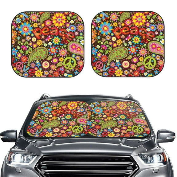Picia Hippie Peace Love 2 Piece Car Windshield Sun Shade Foldable | Foldable Sun Shield for Front Window Blocks UV Rays and Keeps Your Vehicle Cool-Small