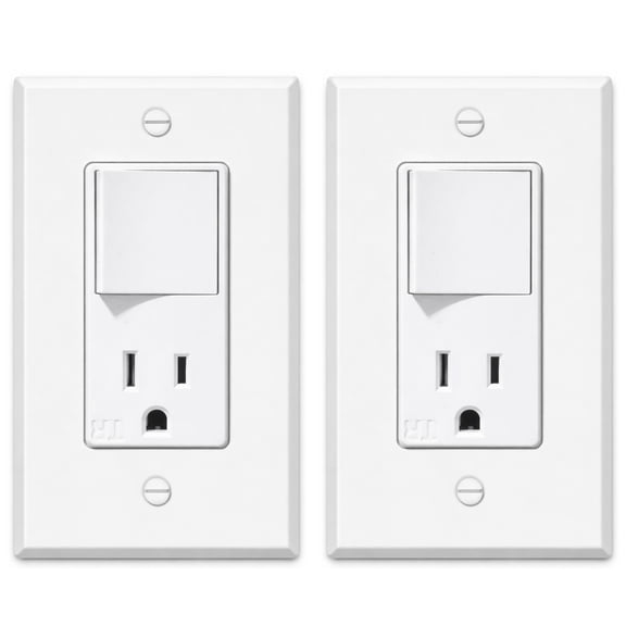 Combination Rocker Light Switch and 15 Amp Tamper Resistant Outlet with Wallplate, Single Pole Decorator Switch and Receptacle Combo Wiring Device, Standard Size, UL Listed, White 2 Pack