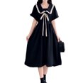 thumbnail image 1 of Vestido de una línea de manga corta con lazo en la parte delantera, estilo dulce, vestido midi de línea para mujer, dama, niña, verano, negro, S, 1 of 14