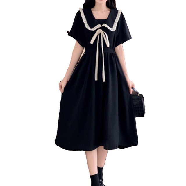 Vestido de una línea de manga corta con lazo en la parte delantera, estilo dulce, vestido midi de línea para mujer, dama, niña, verano, negro, S