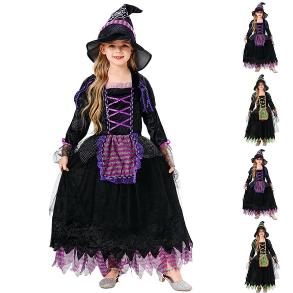 Piuwrlz Girls Cos Perform Short Dress for Girl Halloween Party Dresses Role-Playing Wizard Hat Dresses Purple Size 10 Years