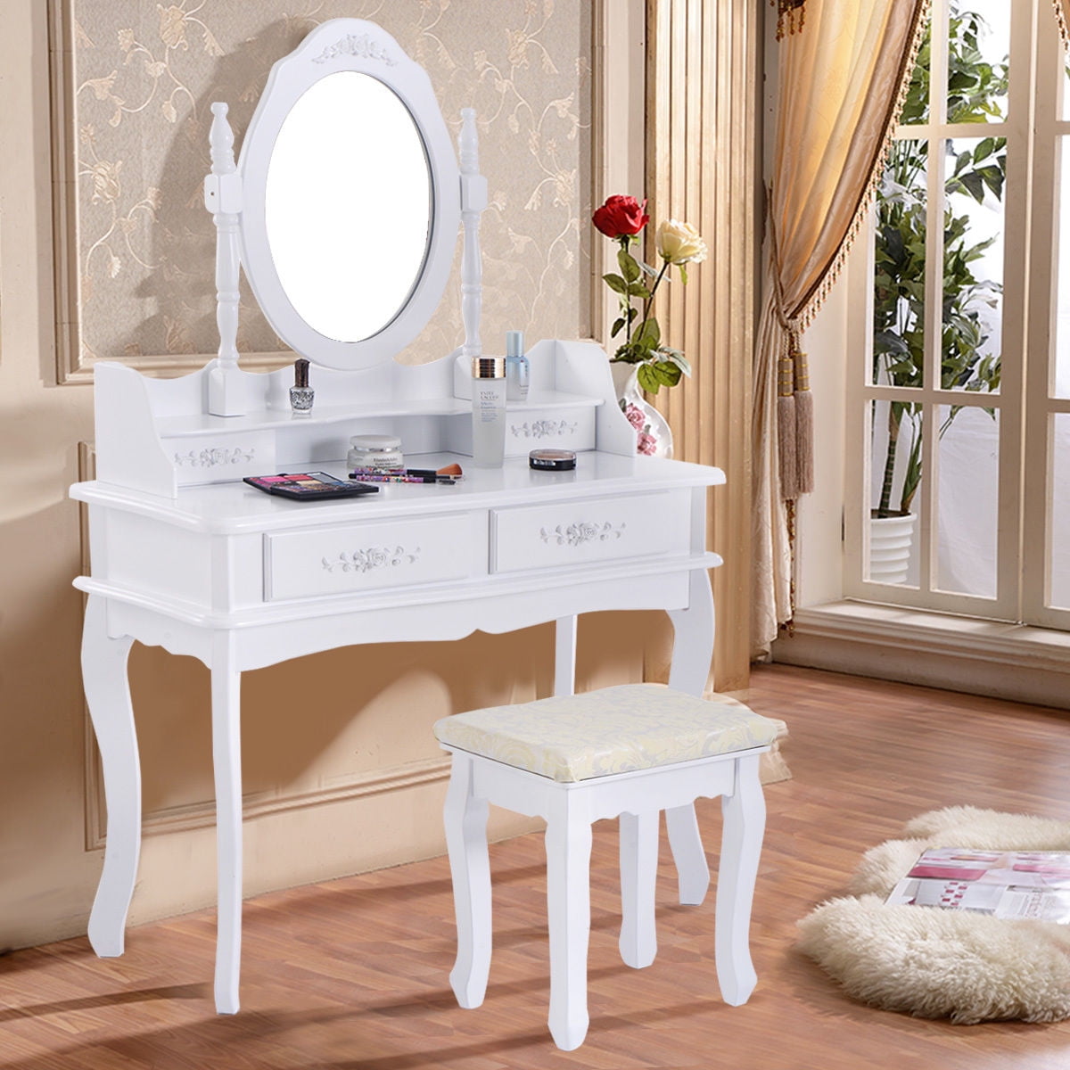 Costway White Vanity Makeup Dressing Table Set Mirror Jewelry Storage W Stool 4 Drawer