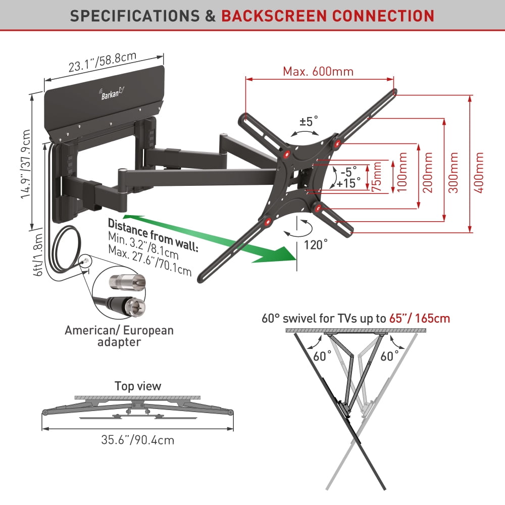 Barkan 13-90 inch TV Wall Mount with Integrated Amplified HDTV Indoor Antenna, Premium Dual Arm Full Motion Articulating, For all wall types, Flat/Curved Screen Bracket, Holds upto 132lbs,Extra Stable