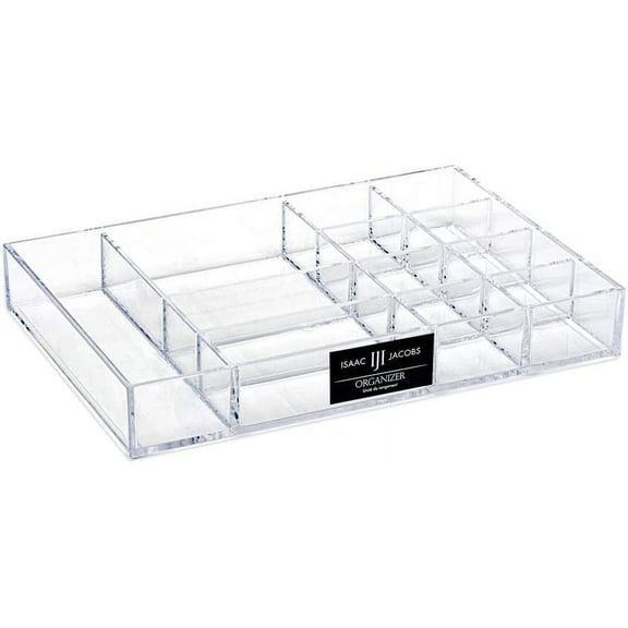Isaac Jacobs 12-Compartment Clear Acrylic Drawer Organizer 9.4" L x 6.4" W x 1.4" H, Multi-Sectional Tray & Storage Solution for Makeup, School & Office Supplies, Bathroom, Kitchen