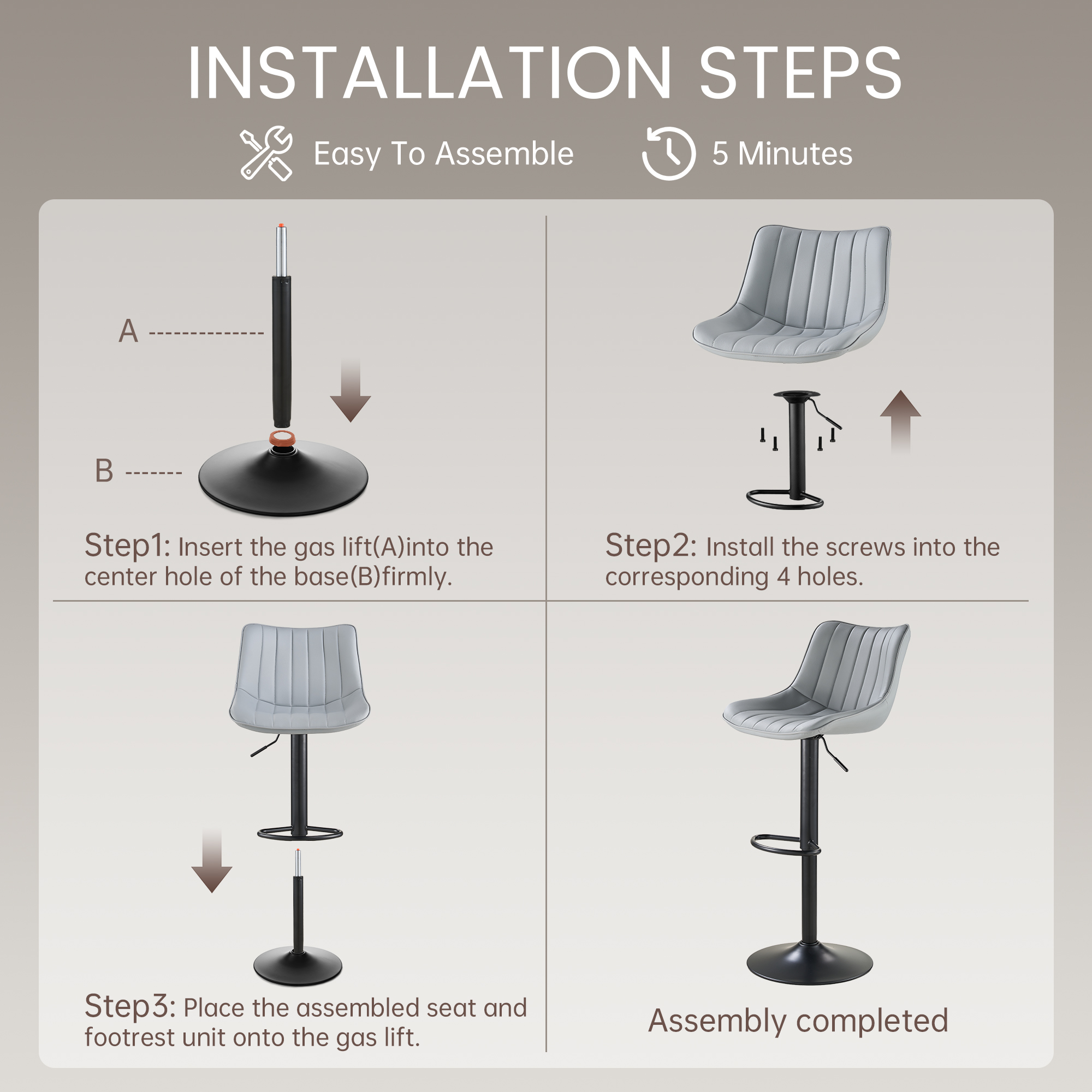 SAETSFEG Bar Stools Set of 2, Adjustable Swivel Counter Height Bar Stool with Footrest, Modern PU Leather Bar Chairs for Kitchen Island, Dining Room, Lightgrey