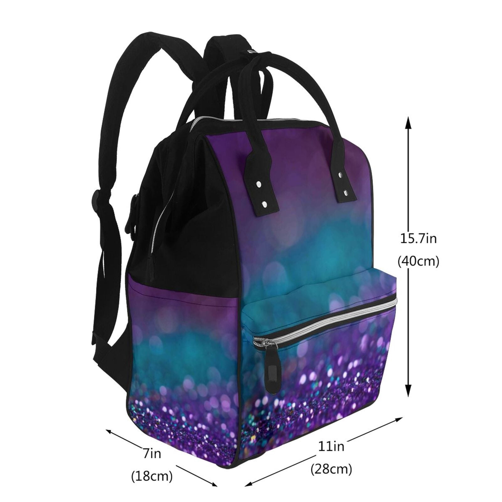 Ratiio Purple and Green Glitter Mummy Backpack - Waterproof Twill Canvas, Large Capacity Diaper Bag with Multiple Pockets and Adjustable Straps