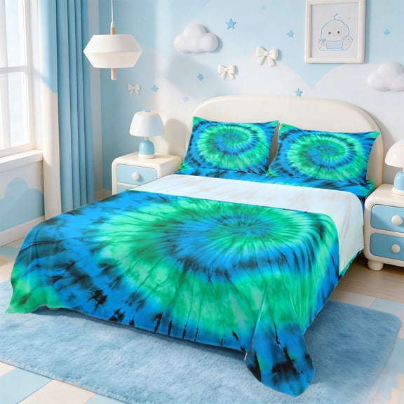 Homewish Colorful Tie-Dye Twin Sheet Sets,Modern Graffiti Artistic Twin Fitted Sheet,Green Blue 03 For Adults,Luxury Bedroom Decor,3pcs