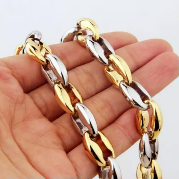 EOEMY 7-40" 316L Stainless Steel Hollow Out Coffee Beads Bean Chain Neklace Men Women-7.5Inch Bracelet-12mm-Silver Gold