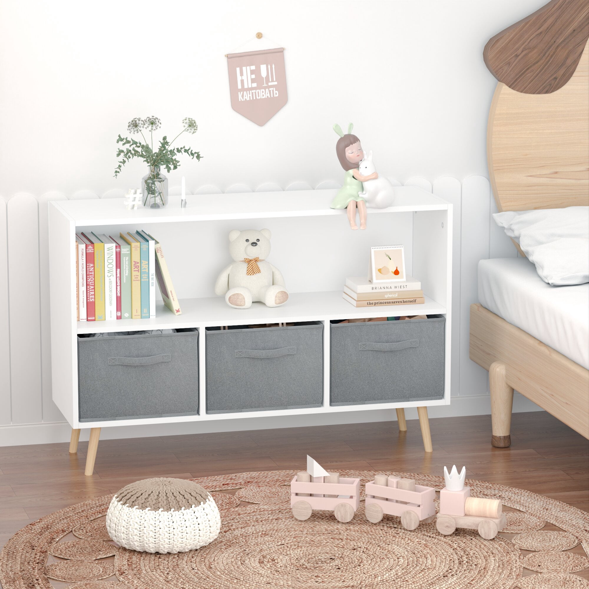 Yoneston Kids Bookcase with 3 Collapsible Fabric Drawers, Children's Toy Storage Organizer Book Display Cabinet for Playroom, Bedroom, White+Gray